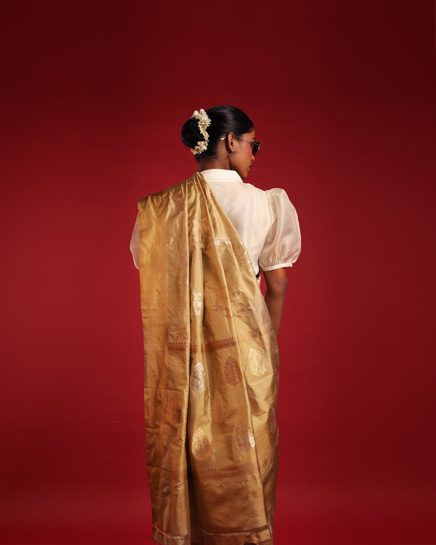 Rare Beige and Greige Katan Silk Banarasi Saree with Heavy Gold Pallu