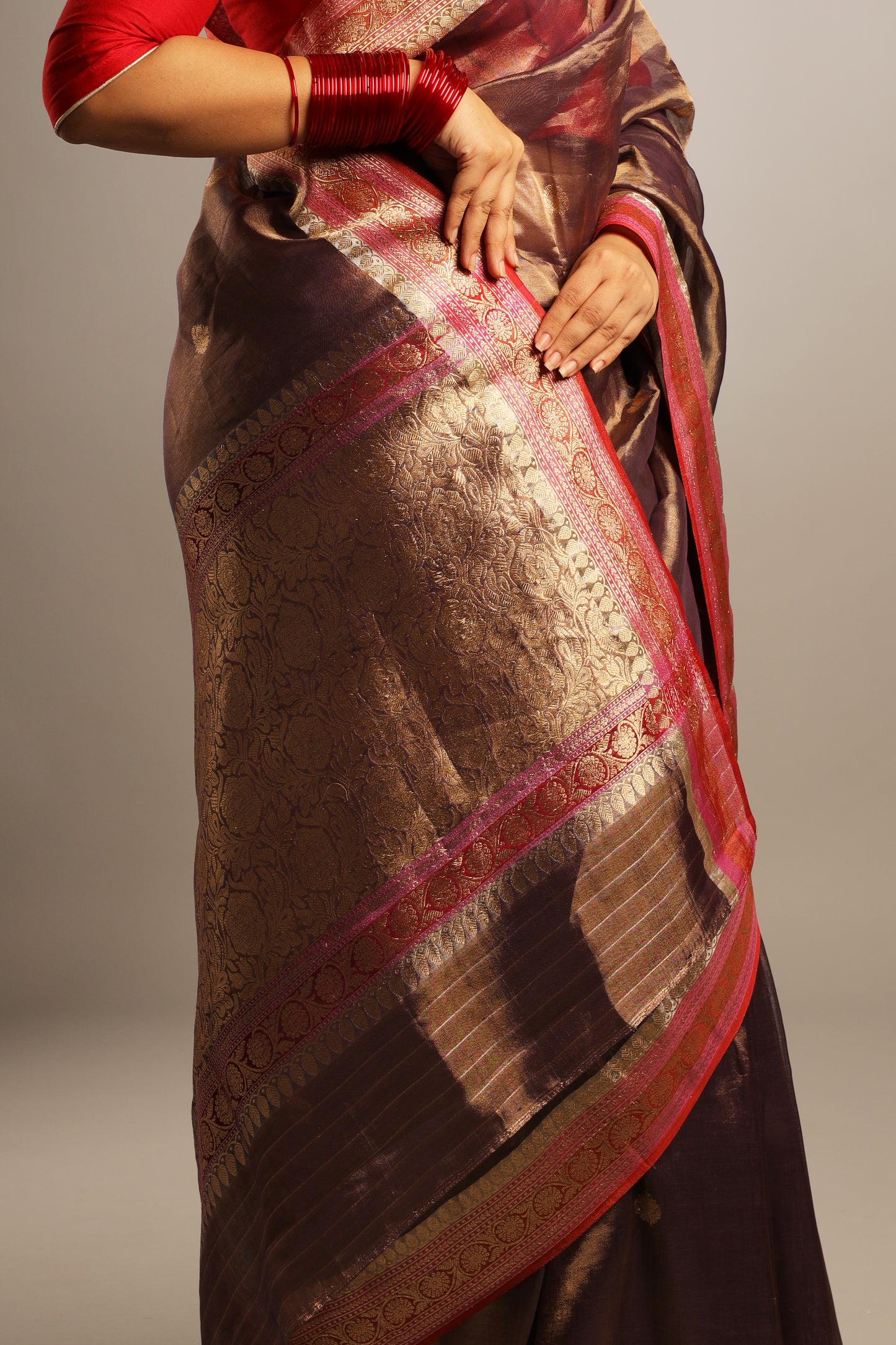 Pure Katan Tissue Metallic Payne Grey Saree with Gold Kadwa Buta and Raspberry Pink, and Gold Motif Border