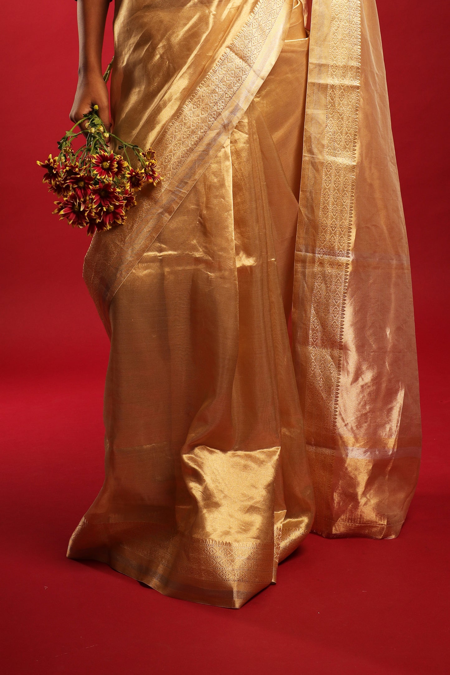 Pure Katan Parmesan Gold Tissue Saree with Macaroon Gold Border