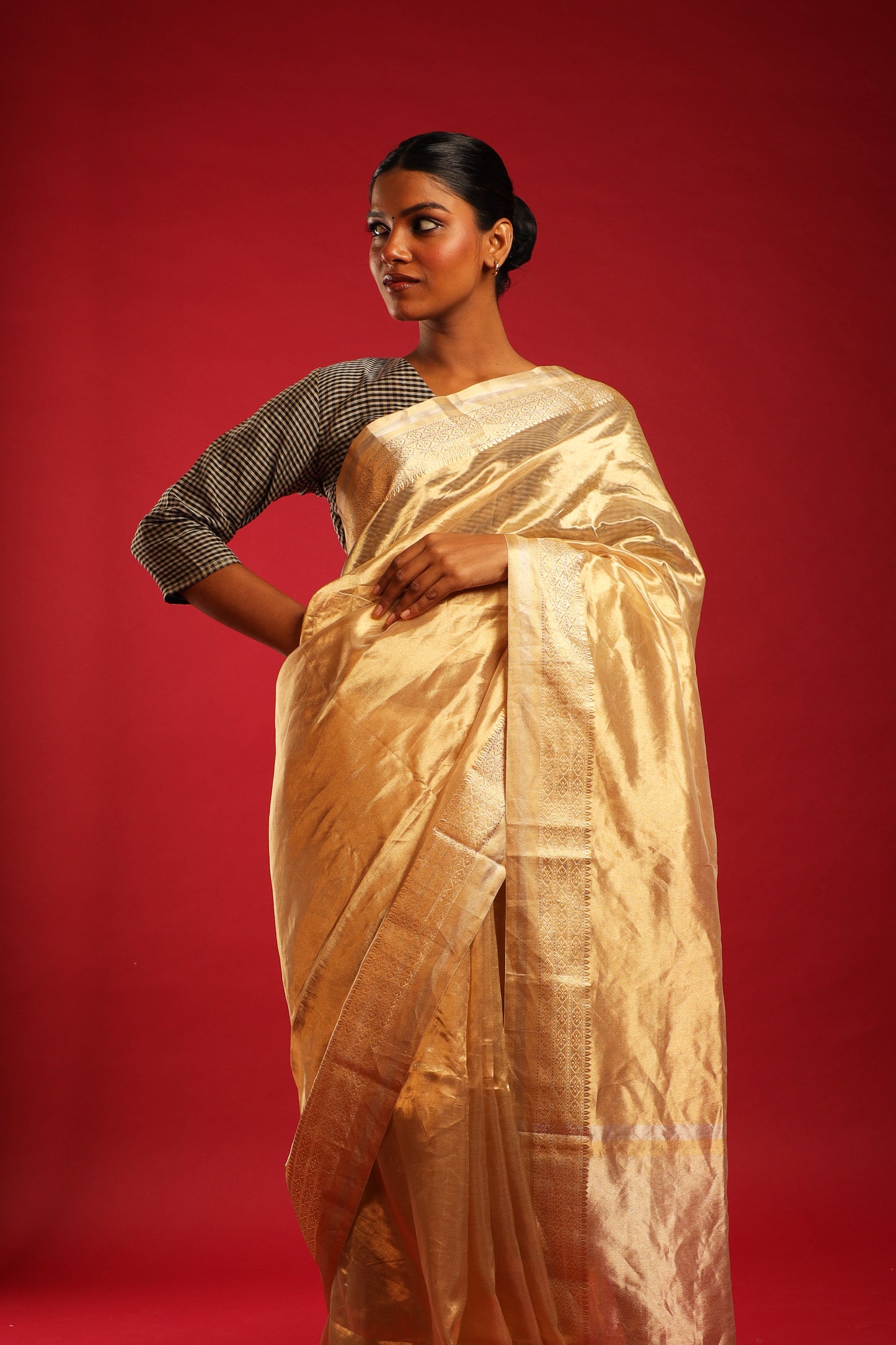 Pure Katan Parmesan Gold Tissue Saree with Macaroon Gold Border