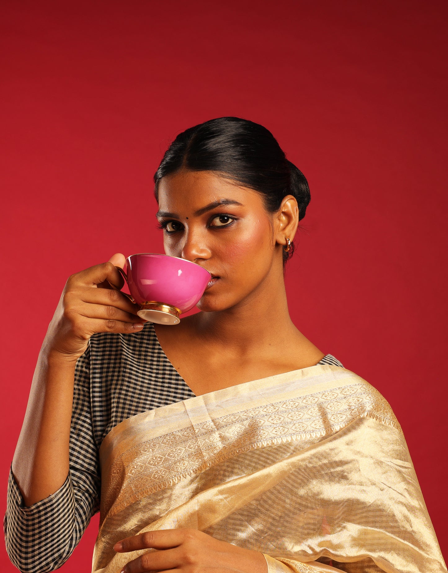 Pure Katan Parmesan Gold Tissue Saree with Macaroon Gold Border