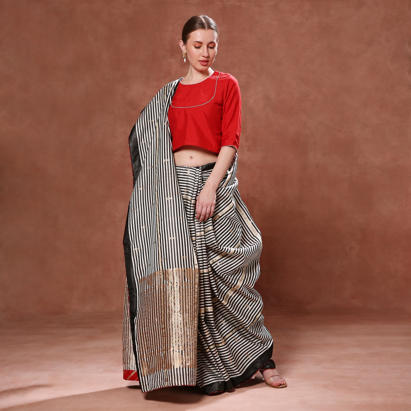 Contrast Black and White Striped Pure Katan with Gold Pallu