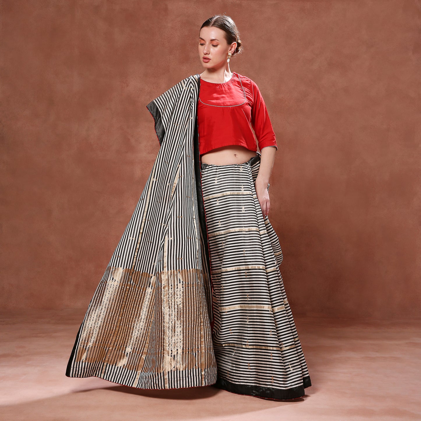 Contrast Black and White Striped Pure Katan with Gold Pallu