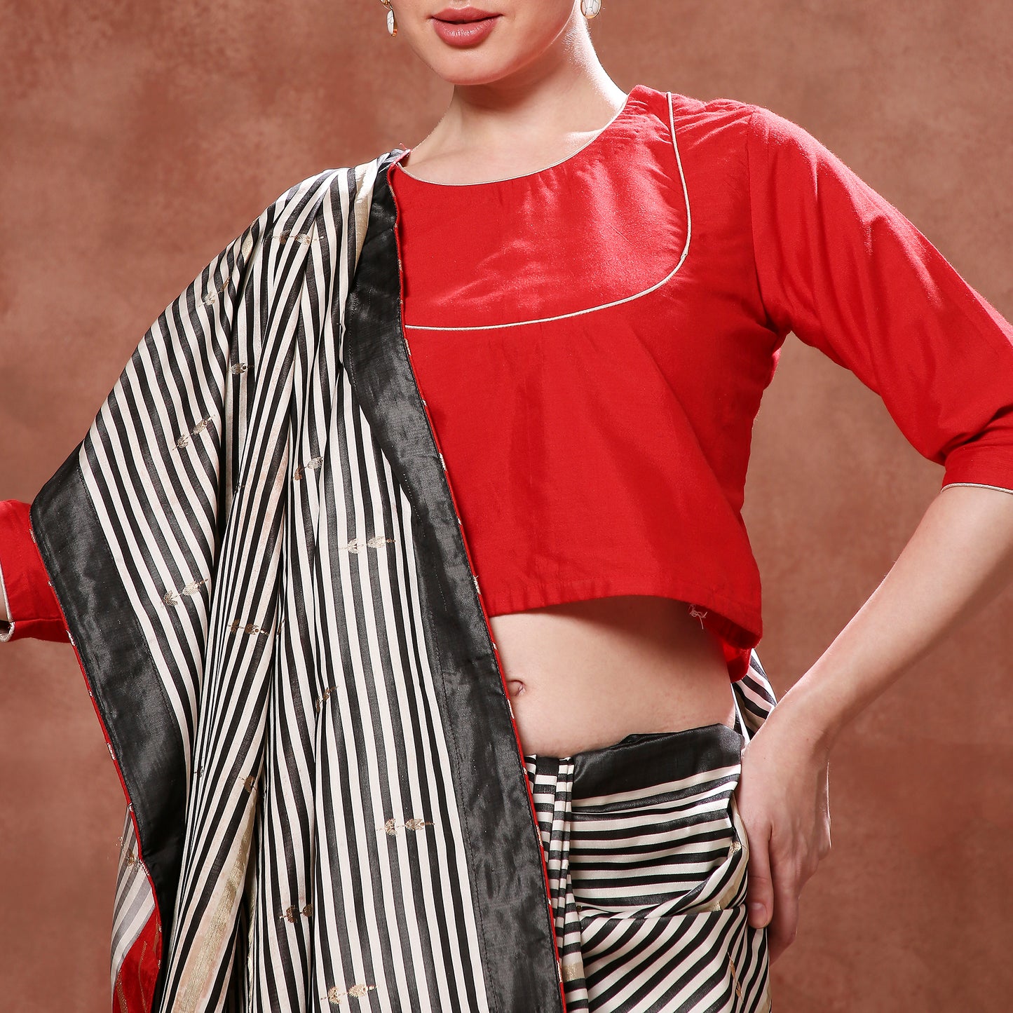 Contrast Black and White Striped Pure Katan with Gold Pallu
