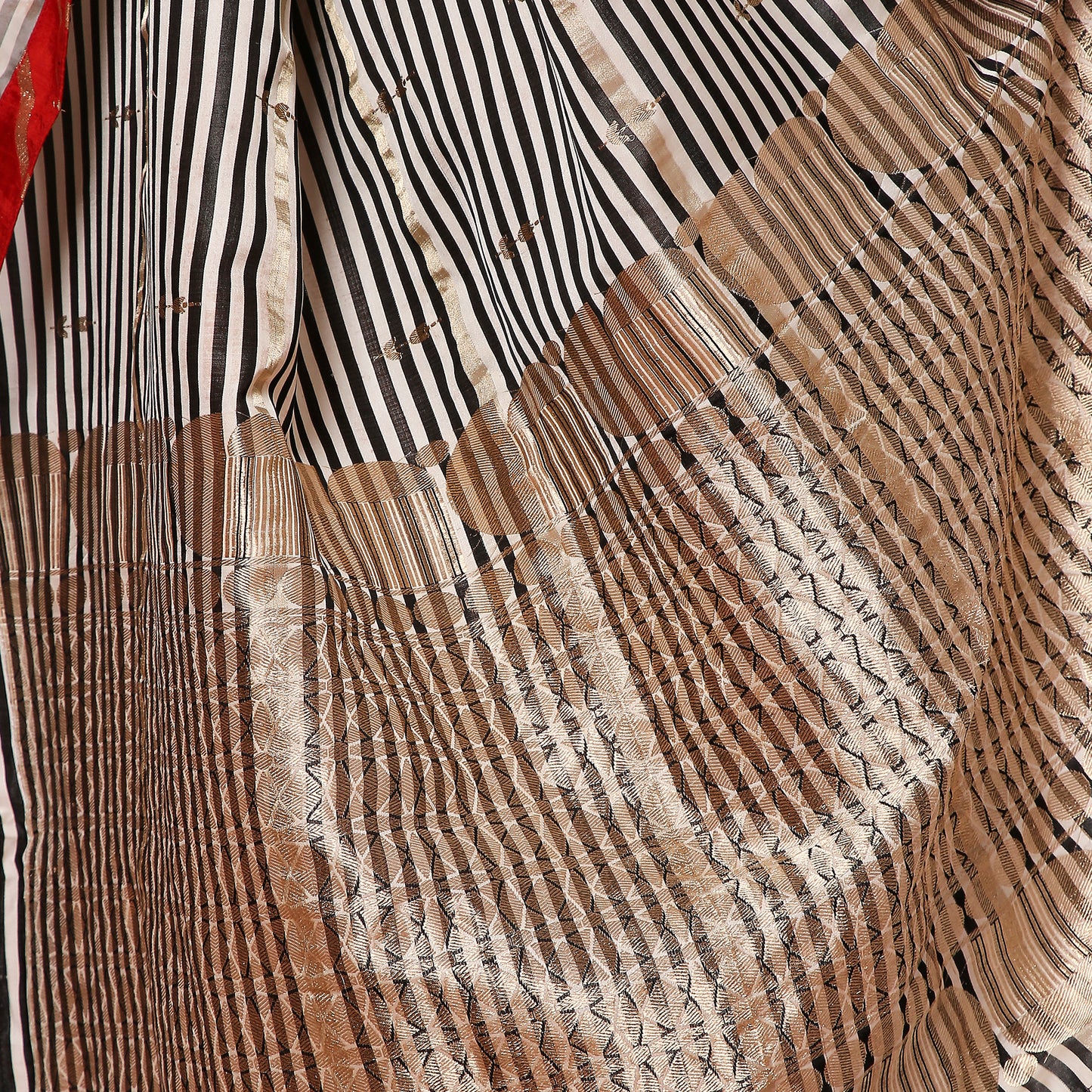 Contrast Black and White Striped Pure Katan with Gold Pallu