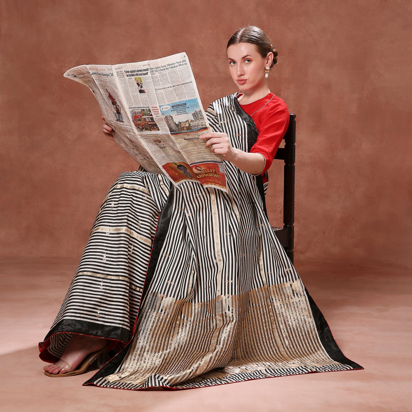 Contrast Black and White Striped Pure Katan with Gold Pallu