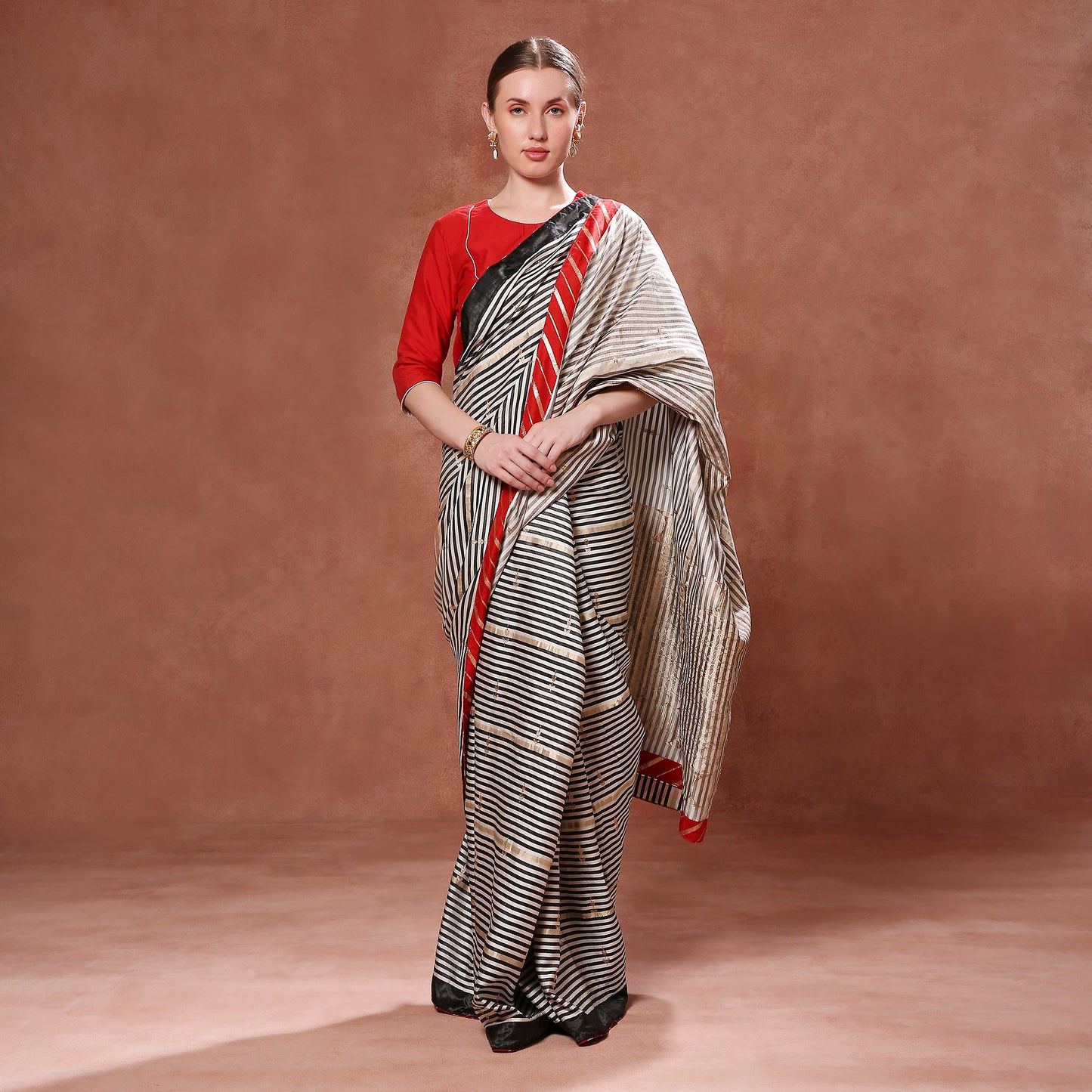 Contrast Black and White Striped Pure Katan with Gold Pallu