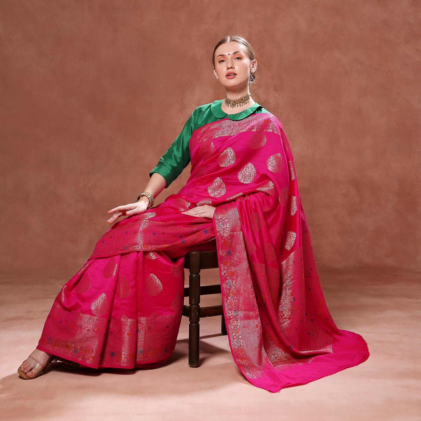 Royal Fuchsia Pink Pure Silk with Gold Motifs