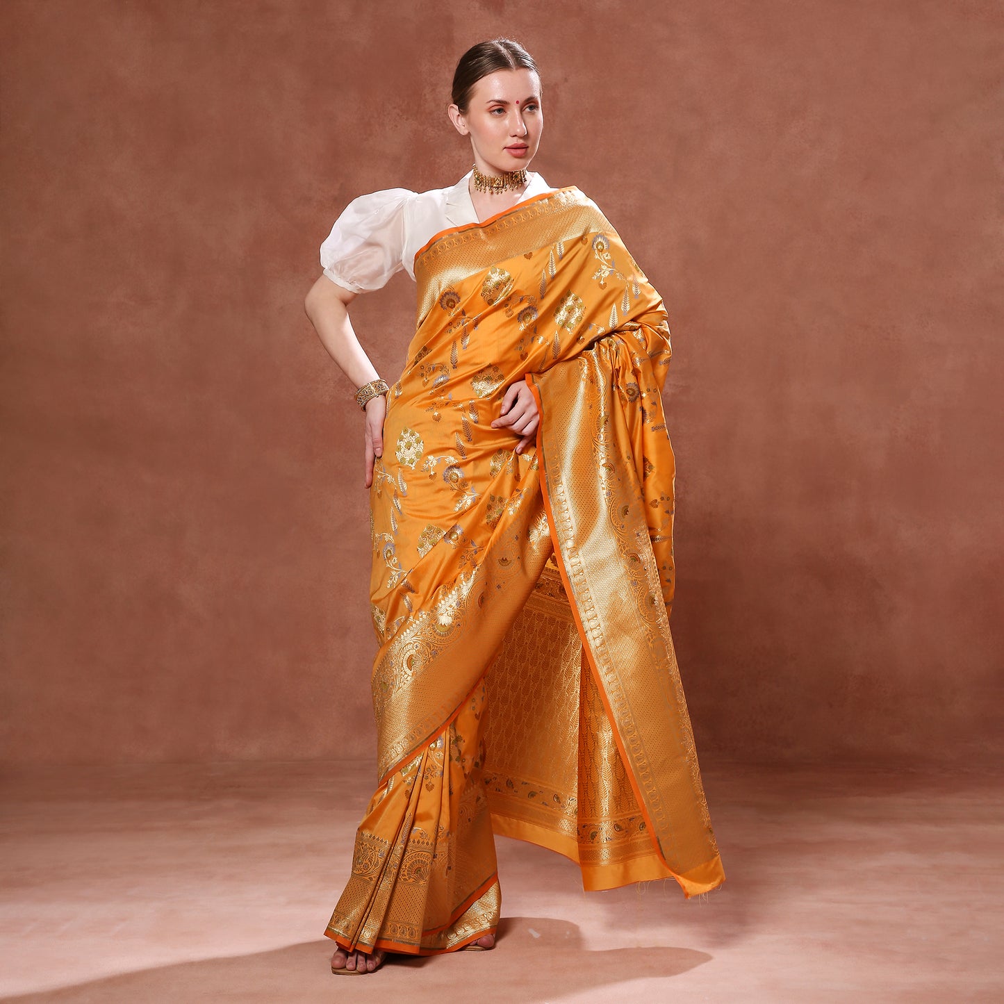 Blooming Sunset Orange Silk Saree with Green, Blue and Gold Minakari weave