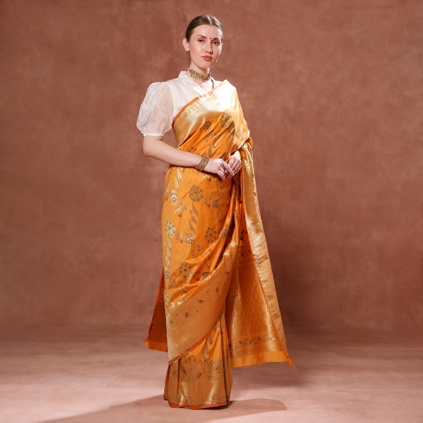 Blooming Sunset Orange Silk Saree with Green, Blue and Gold Minakari weave