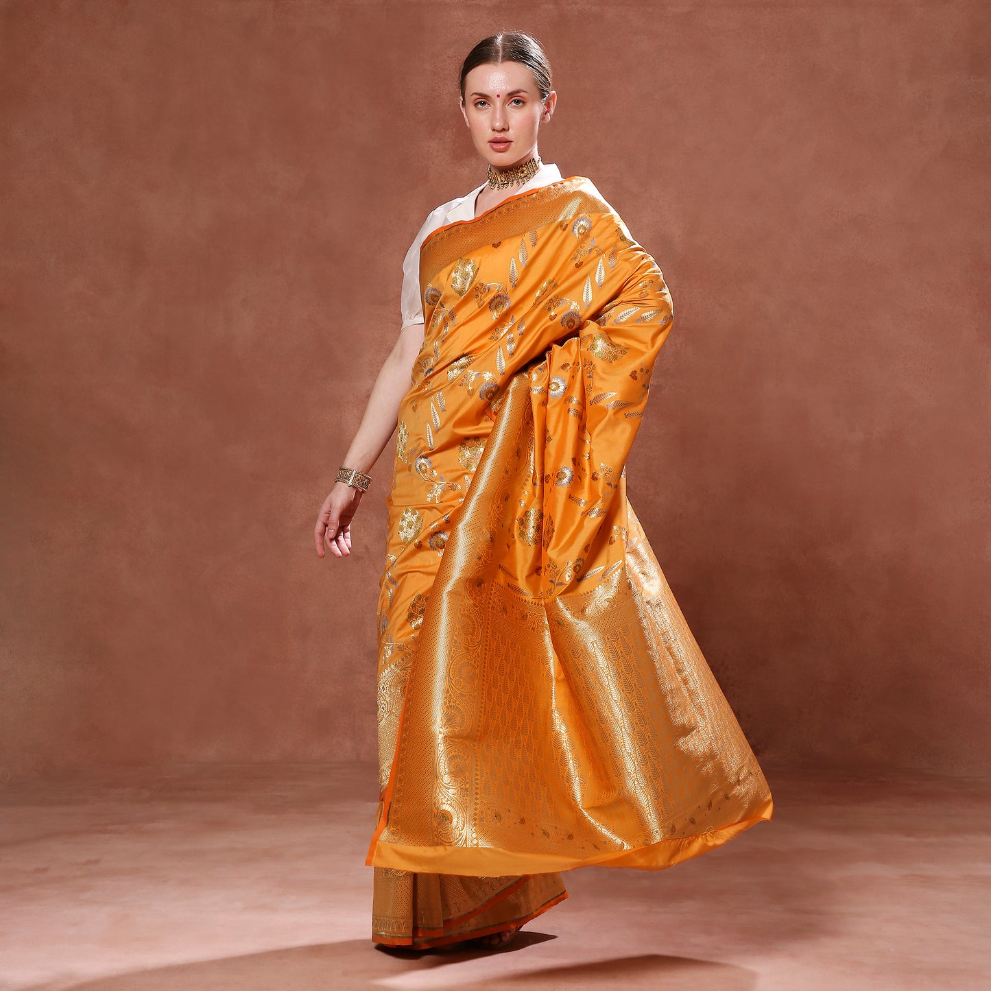 Blooming Sunset Orange Silk Saree with Green, Blue and Gold Minakari weave