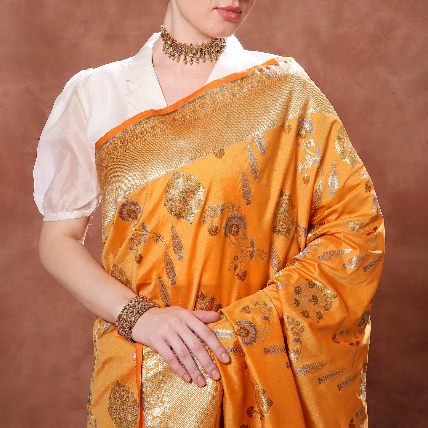 Blooming Sunset Orange Silk Saree with Green, Blue and Gold Minakari weave