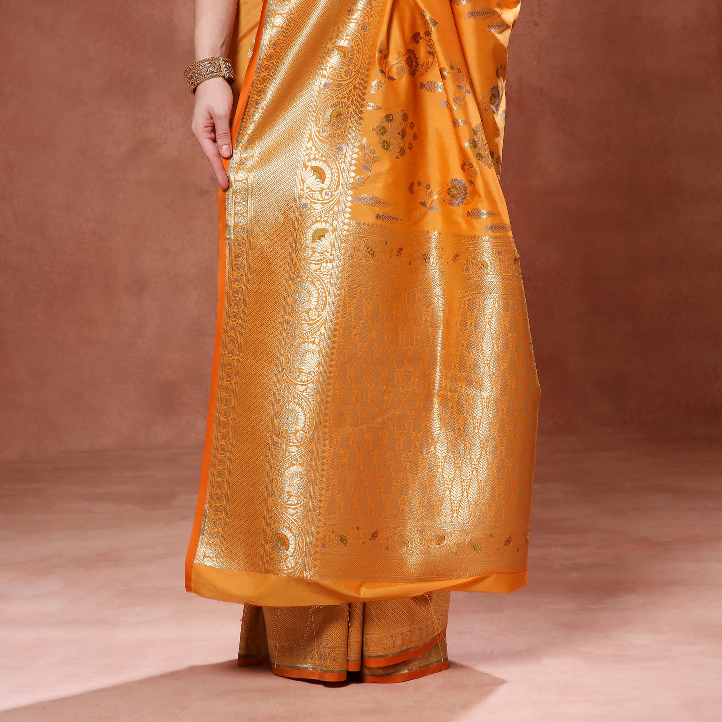 Blooming Sunset Orange Silk Saree with Green, Blue and Gold Minakari weave