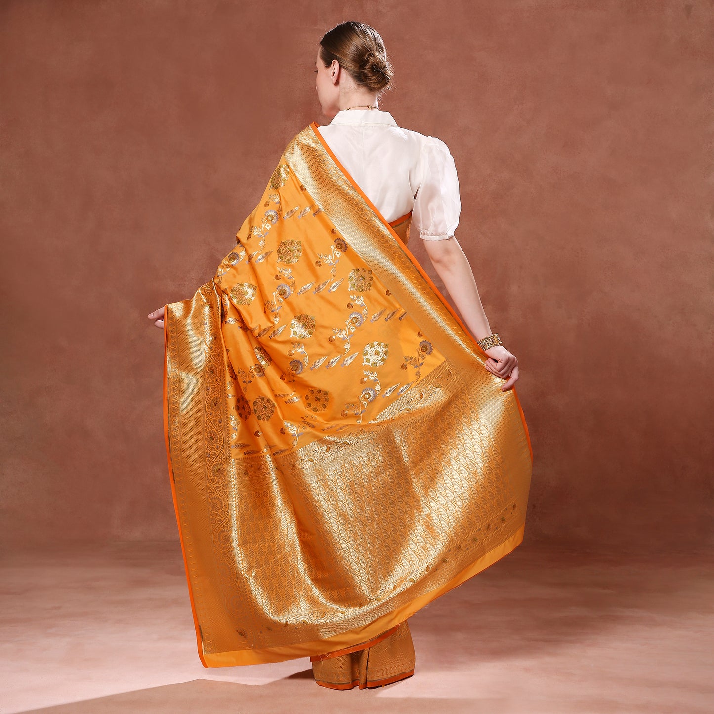 Blooming Sunset Orange Silk Saree with Green, Blue and Gold Minakari weave