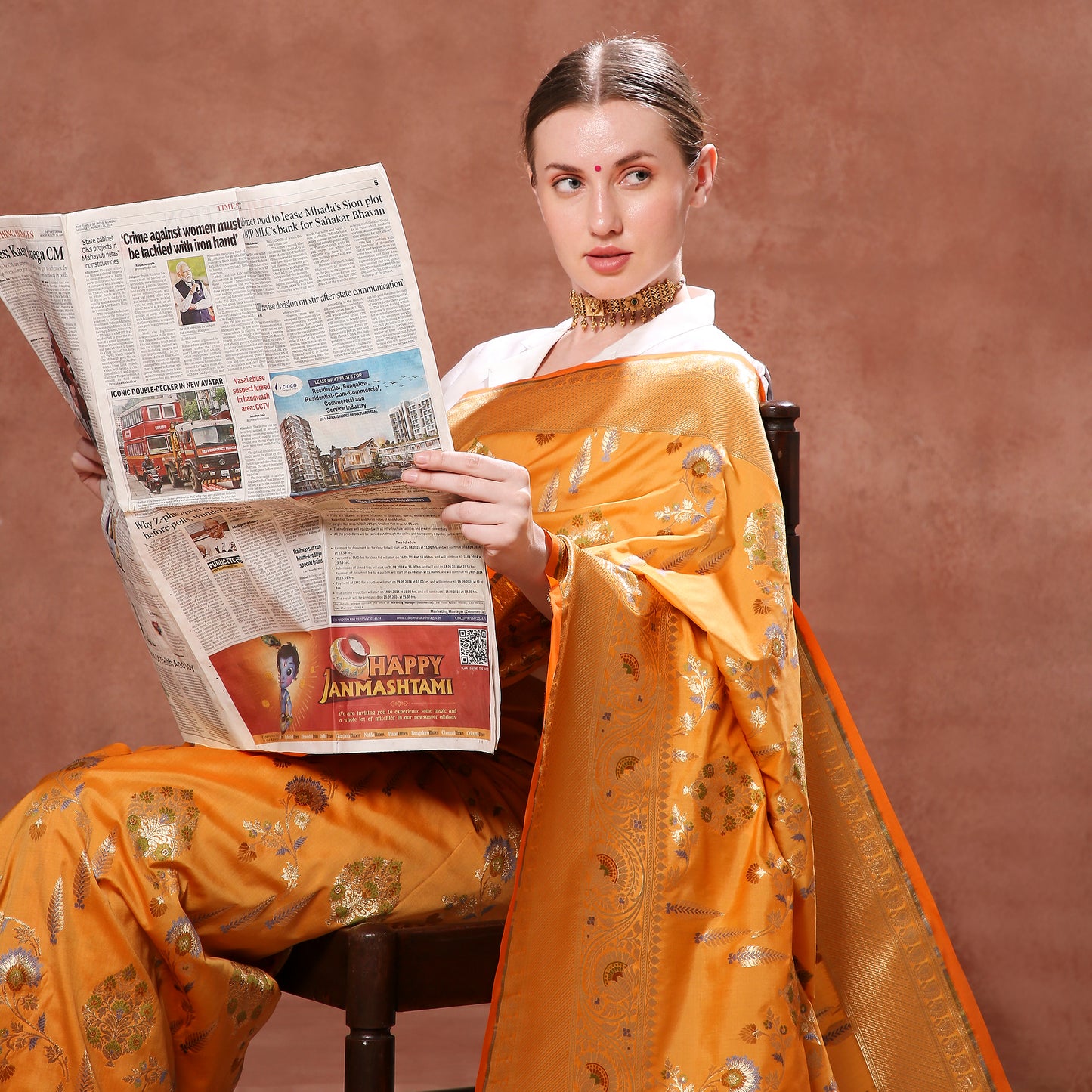 Blooming Sunset Orange Silk Saree with Green, Blue and Gold Minakari weave