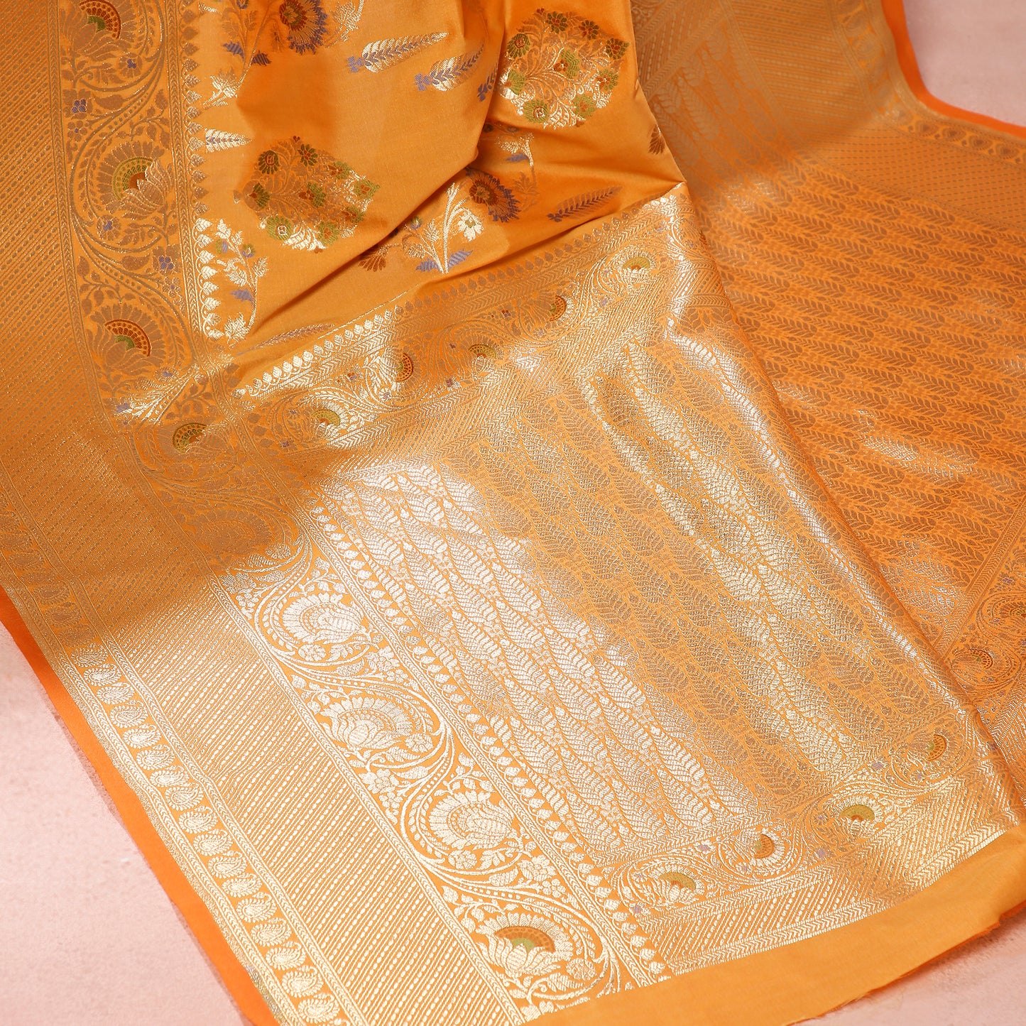 Blooming Sunset Orange Silk Saree with Green, Blue and Gold Minakari weave