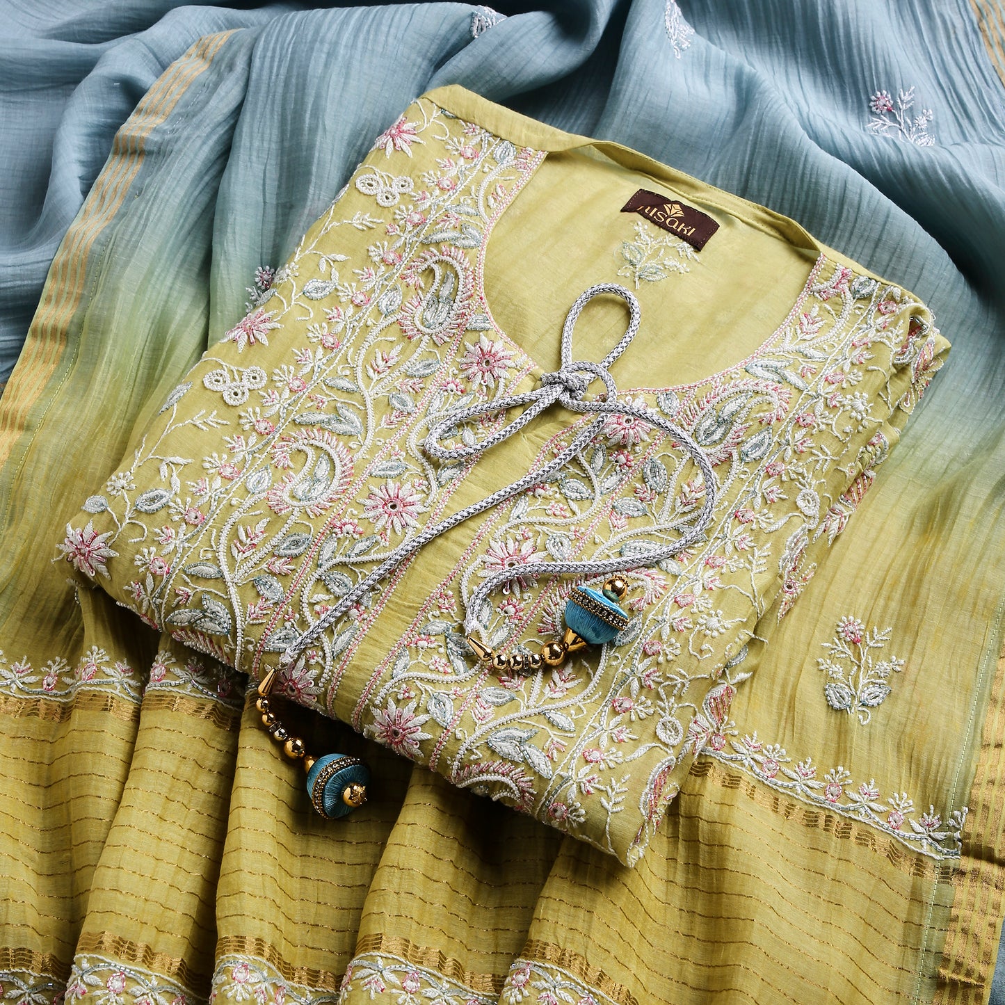 Breezy Yellow Ombre Lucknowi Chikankari Handwork 3-Piece Mul Chanderi Salwar Suit with Kardana Highlight