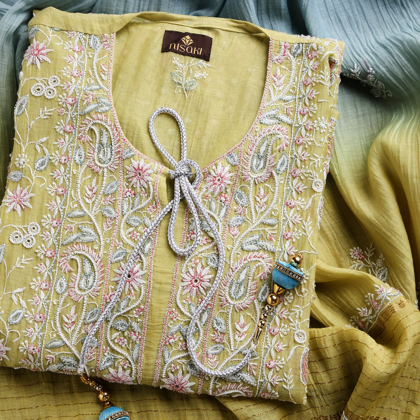 Breezy Yellow Ombre Lucknowi Chikankari Handwork 3-Piece Mul Chanderi Salwar Suit with Kardana Highlight