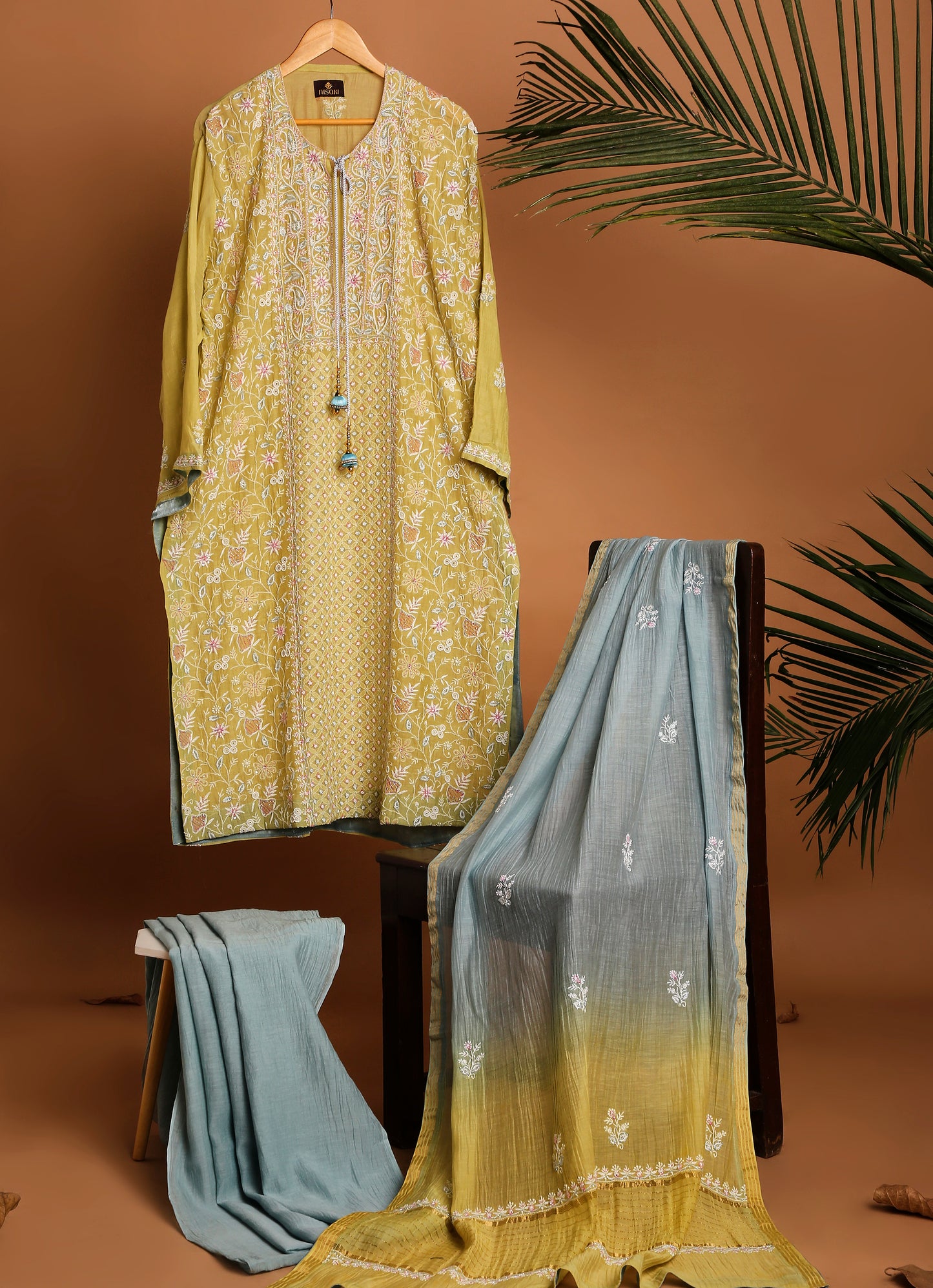 Breezy Yellow Ombre Lucknowi Chikankari Handwork 3-Piece Mul Chanderi Salwar Suit with Kardana Highlight
