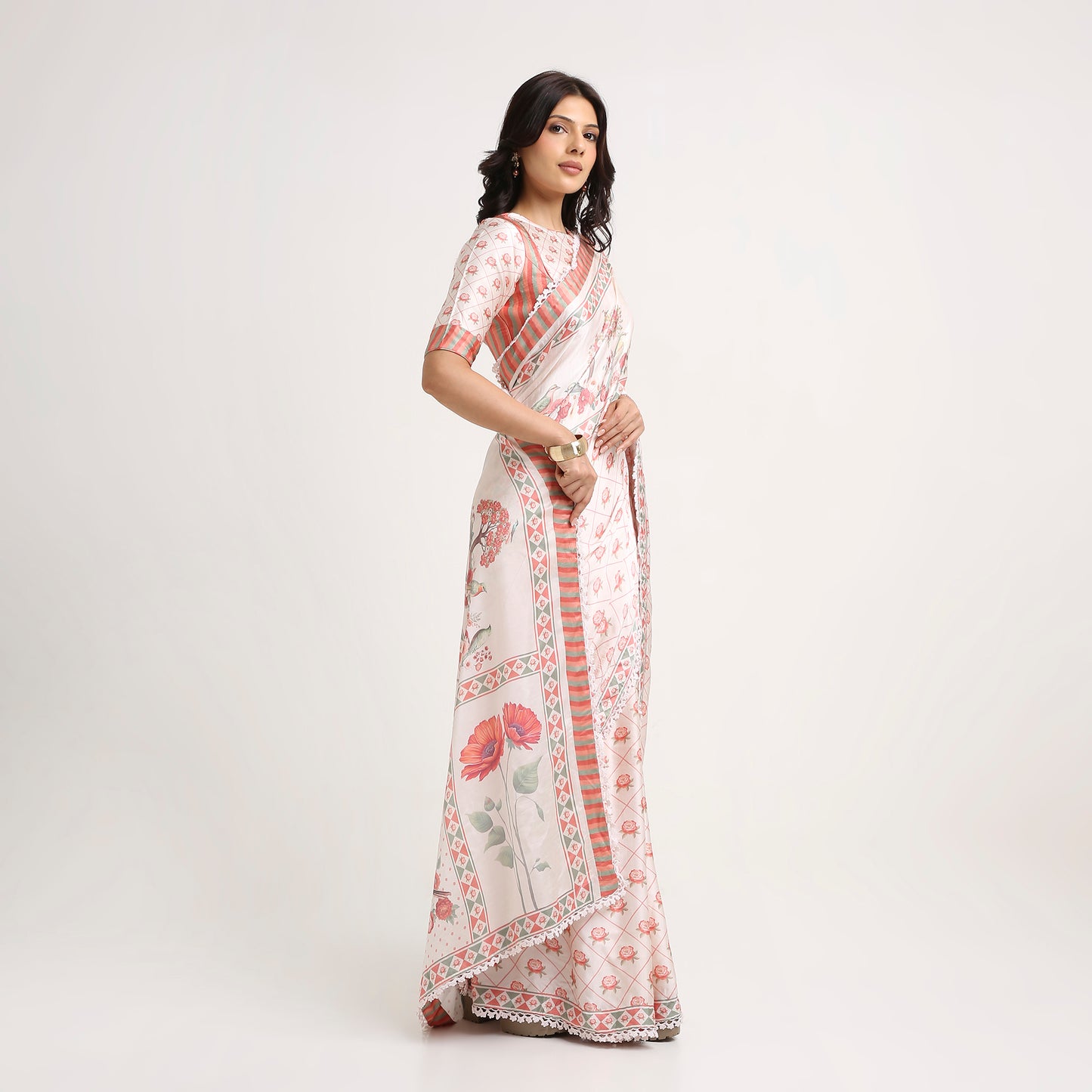 ‘Botanica Privée’ Blush, Peach & Green Georgette Painterly Saree