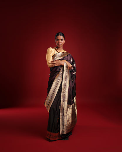 Elegant Aubergine Purple and Gold Pure Katan Silk Banarasi Saree