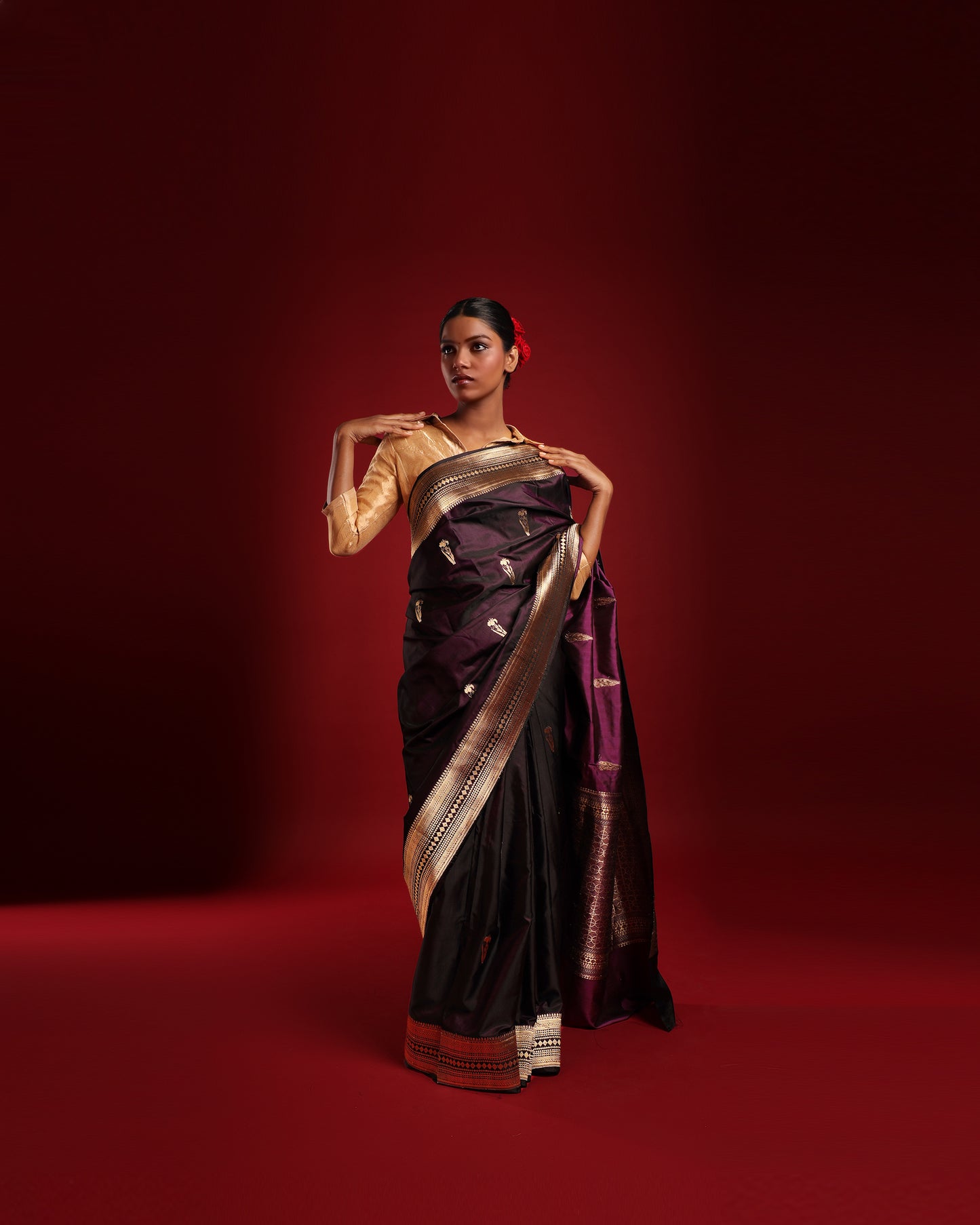 Elegant Aubergine Purple and Gold Pure Katan Silk Banarasi Saree