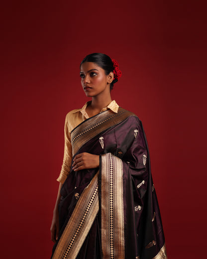 Elegant Aubergine Purple and Gold Pure Katan Silk Banarasi Saree