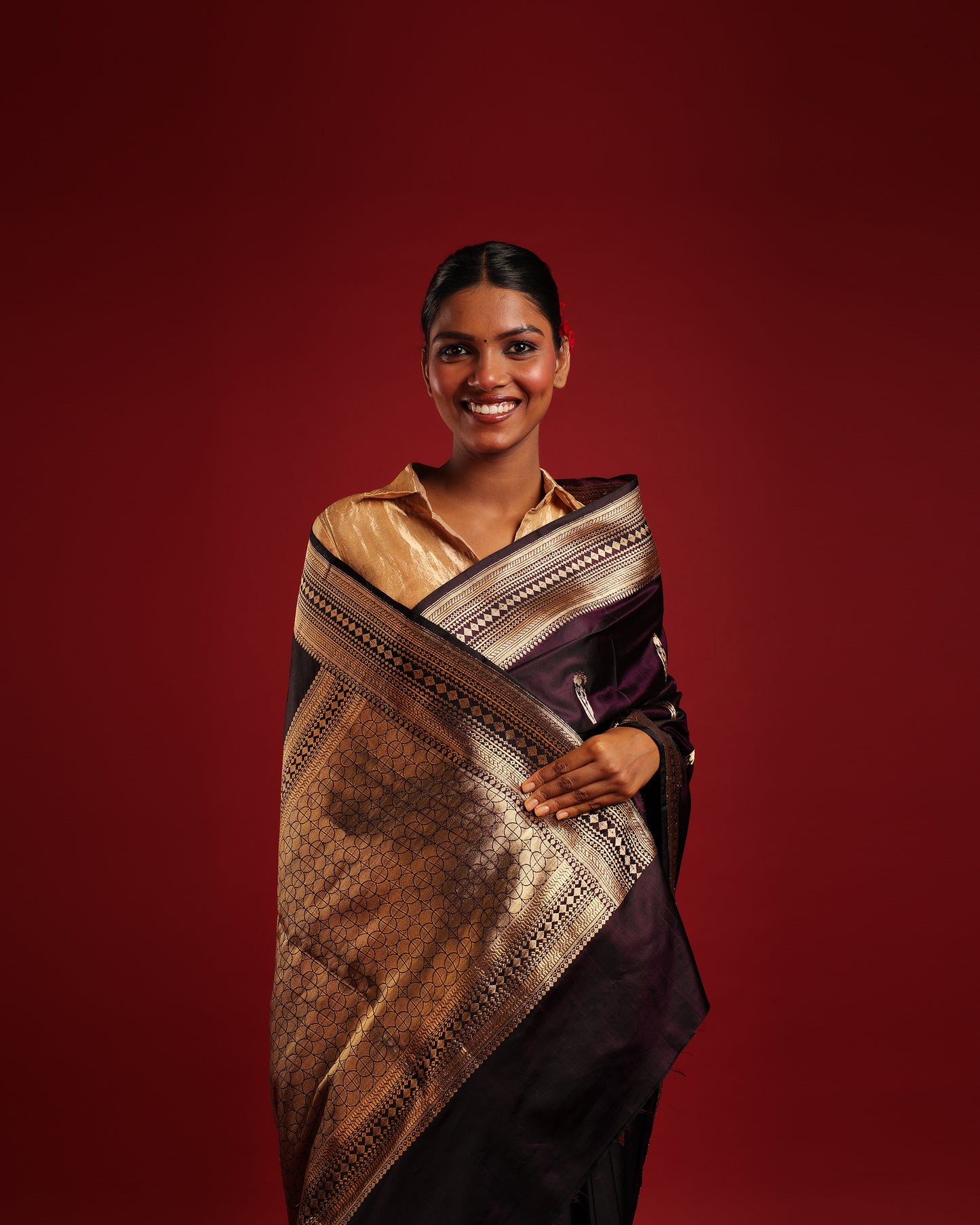 Elegant Aubergine Purple and Gold Pure Katan Silk Banarasi Saree