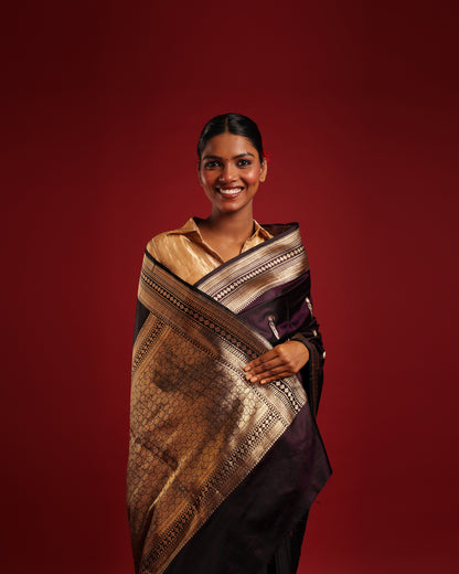 Elegant Aubergine Purple and Gold Pure Katan Silk Banarasi Saree