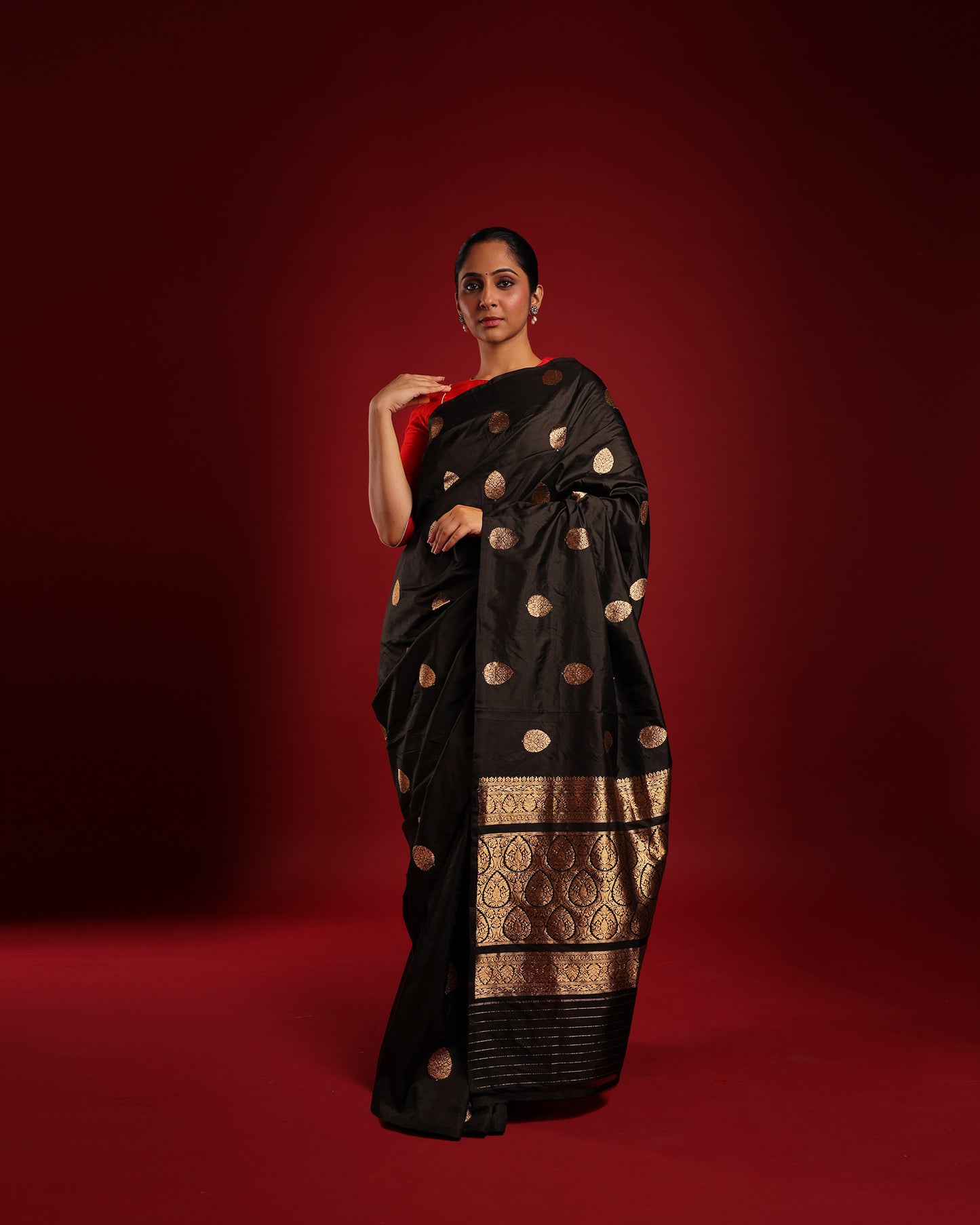 Rarest of Rare Borderless Kohl Black and Gold Pure Katan Silk Banarasi Saree with Heavy Gold Pallu