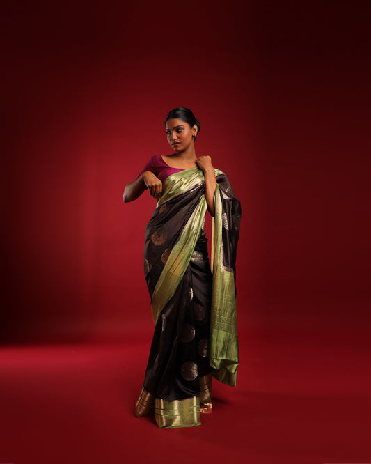 Pure Silk Obsidian Black Saree with Olive Green Border and Round Kadwa Gold and Multicolour Minakari Work