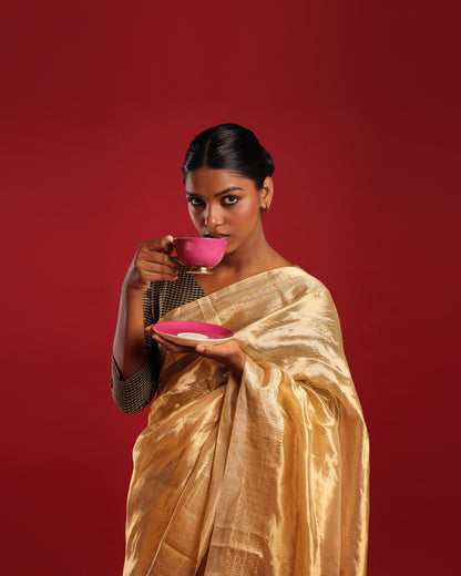 Pure Katan Parmesan Gold Tissue Saree with Macaroon Gold Border