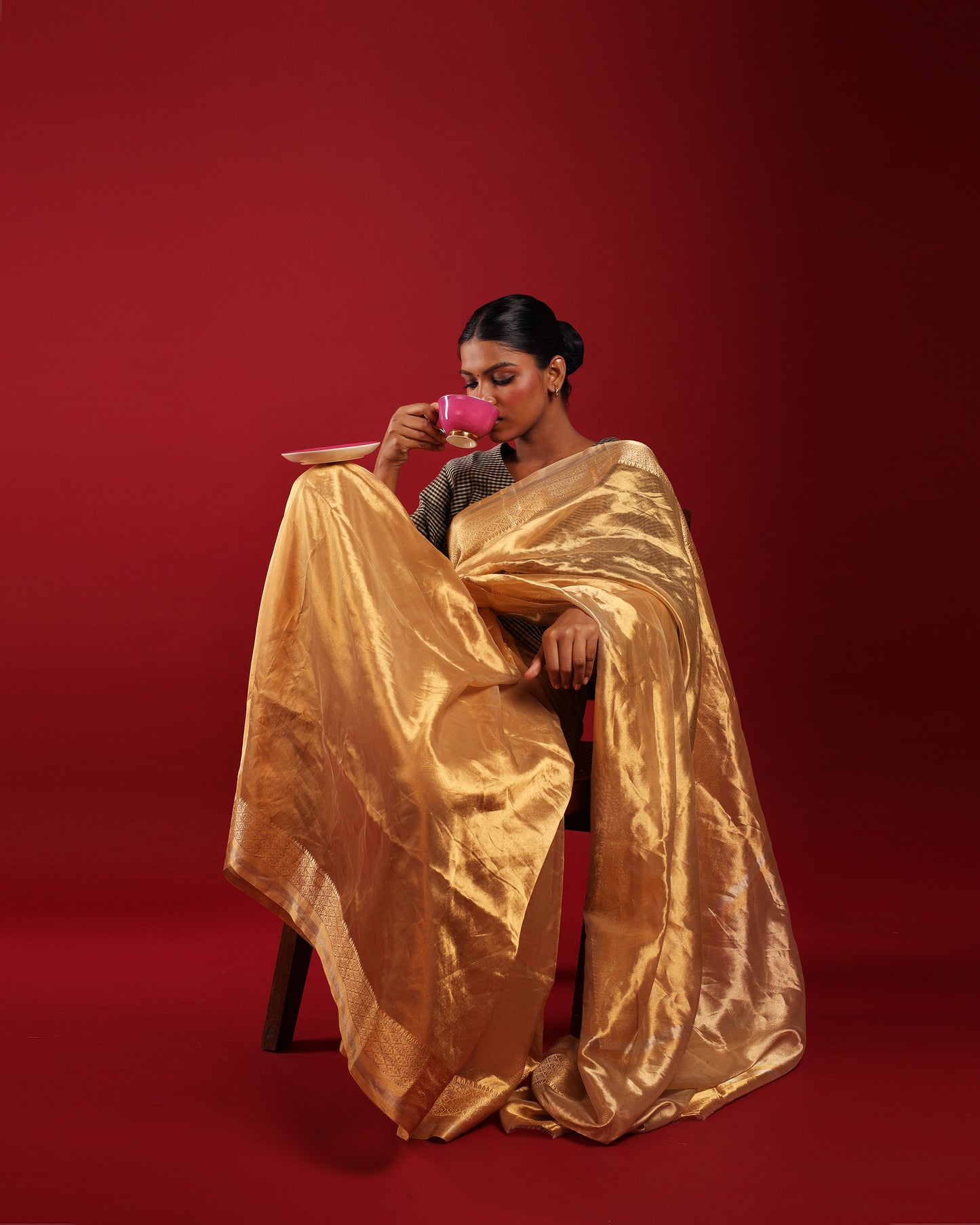 Pure Katan Parmesan Gold Tissue Saree with Macaroon Gold Border