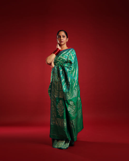 Luxurious Silk Forest Green Saree with Muted Gold Banarasi Phekwa Work and Stunning Pallu