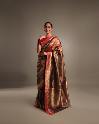 Pure Katan Tissue Metallic Payne Grey Saree with Gold Kadwa Buta and Raspberry Pink, and Gold Motif Border