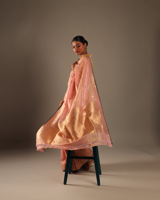 Pure Katan Tissue Rose Quartz Pink Saree with Graphite Grey and Gold Border and Heavy Gold Kadwa Pallu