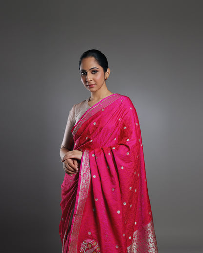 Luxurious Rani Pink Silk Saree with Minakari Konia Work and Rare Silver Pallu