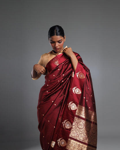 Rare Ruby Red Katan Silk Banarasi Saree with Heavy Gold Pallu