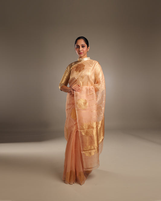 Pure Katan Tissue Blush Pink Saree with Unusual Muted Gold Kadwa Motifs