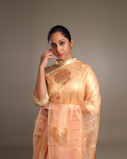 Pure Katan Tissue Blush Pink Saree with Unusual Muted Gold Kadwa Motifs