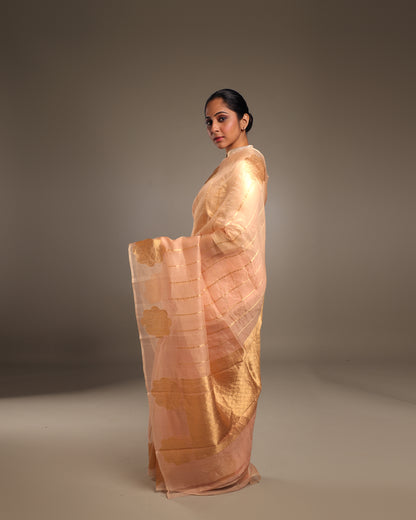 Pure Katan Tissue Blush Pink Saree with Unusual Muted Gold Kadwa Motifs