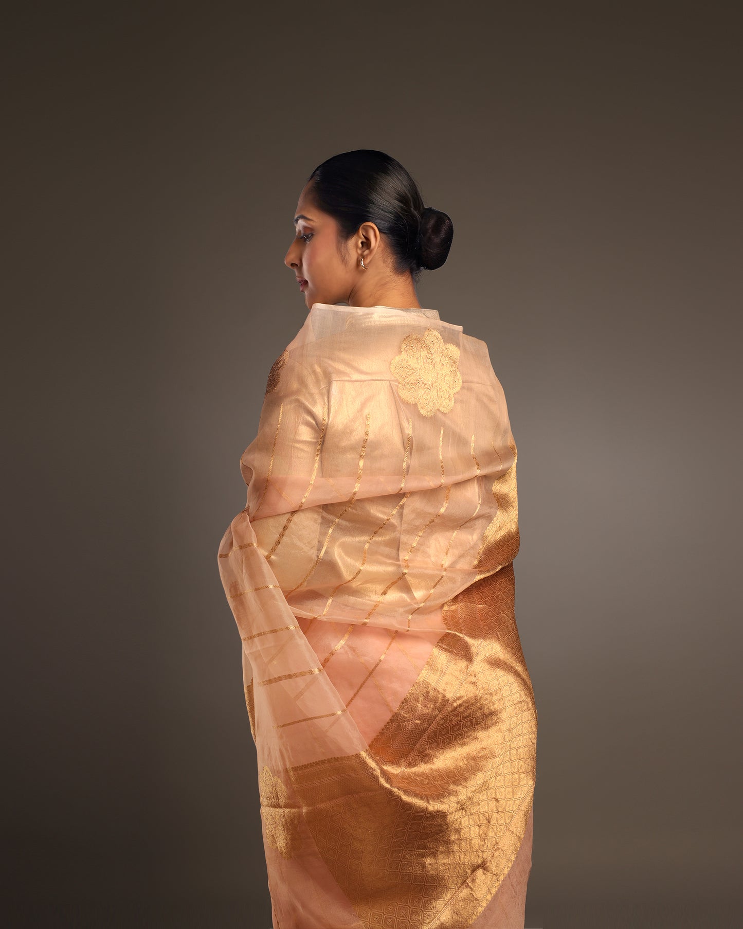 Pure Katan Tissue Blush Pink Saree with Unusual Muted Gold Kadwa Motifs