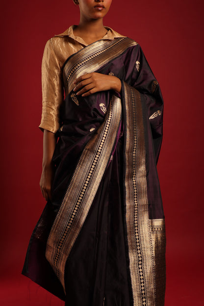 Elegant Aubergine Purple and Gold Pure Katan Silk Banarasi Saree