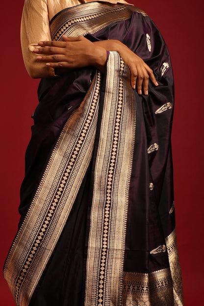 Elegant Aubergine Purple and Gold Pure Katan Silk Banarasi Saree