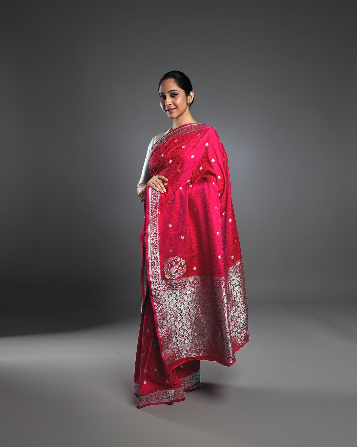 Luxurious Rani Pink Silk Saree with Minakari Konia Work and Rare Silver Pallu