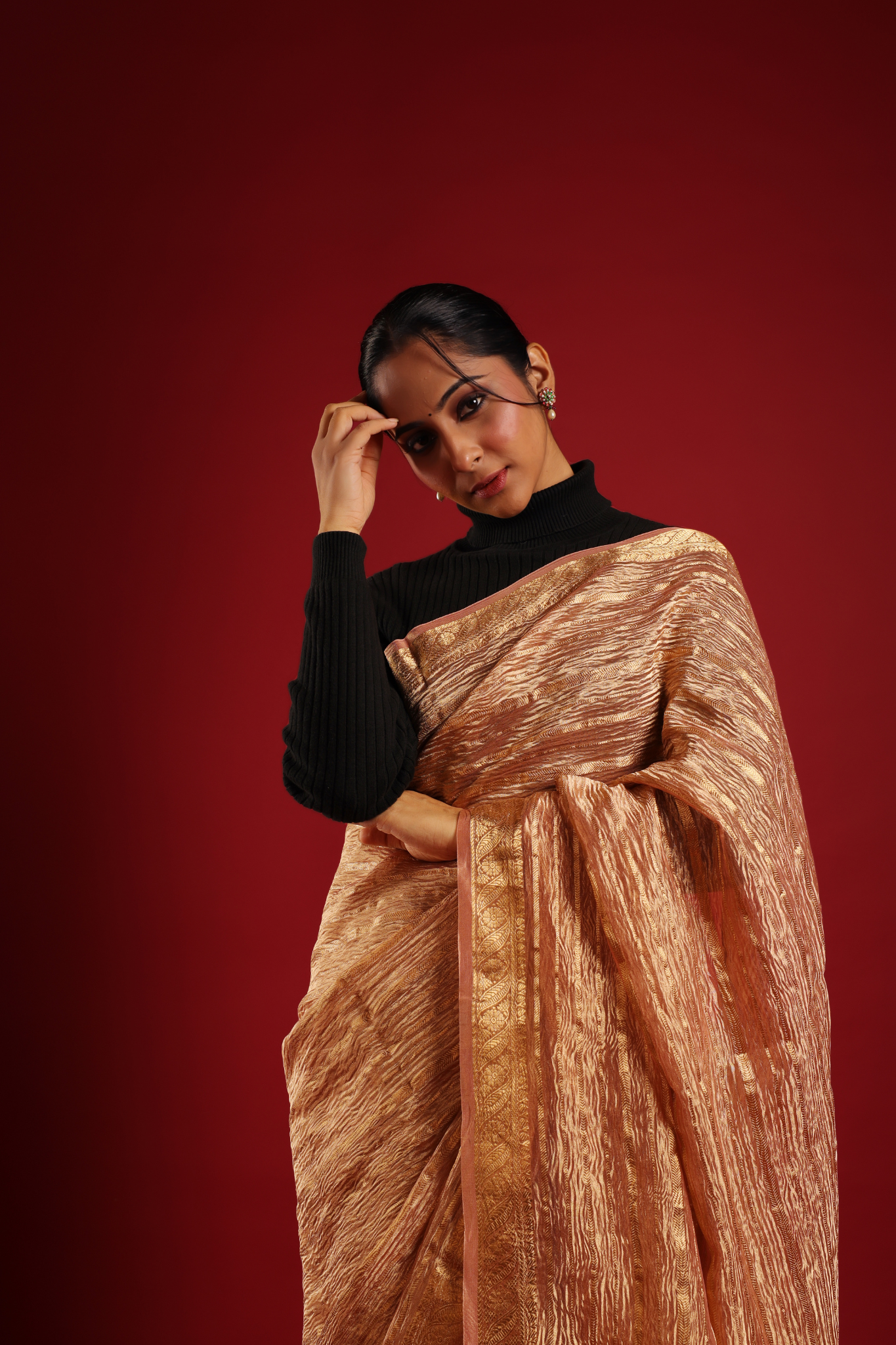 Elegant Blush Pink and Gold Stripe Pure Crushed Katan Tissue Banarasi Saree