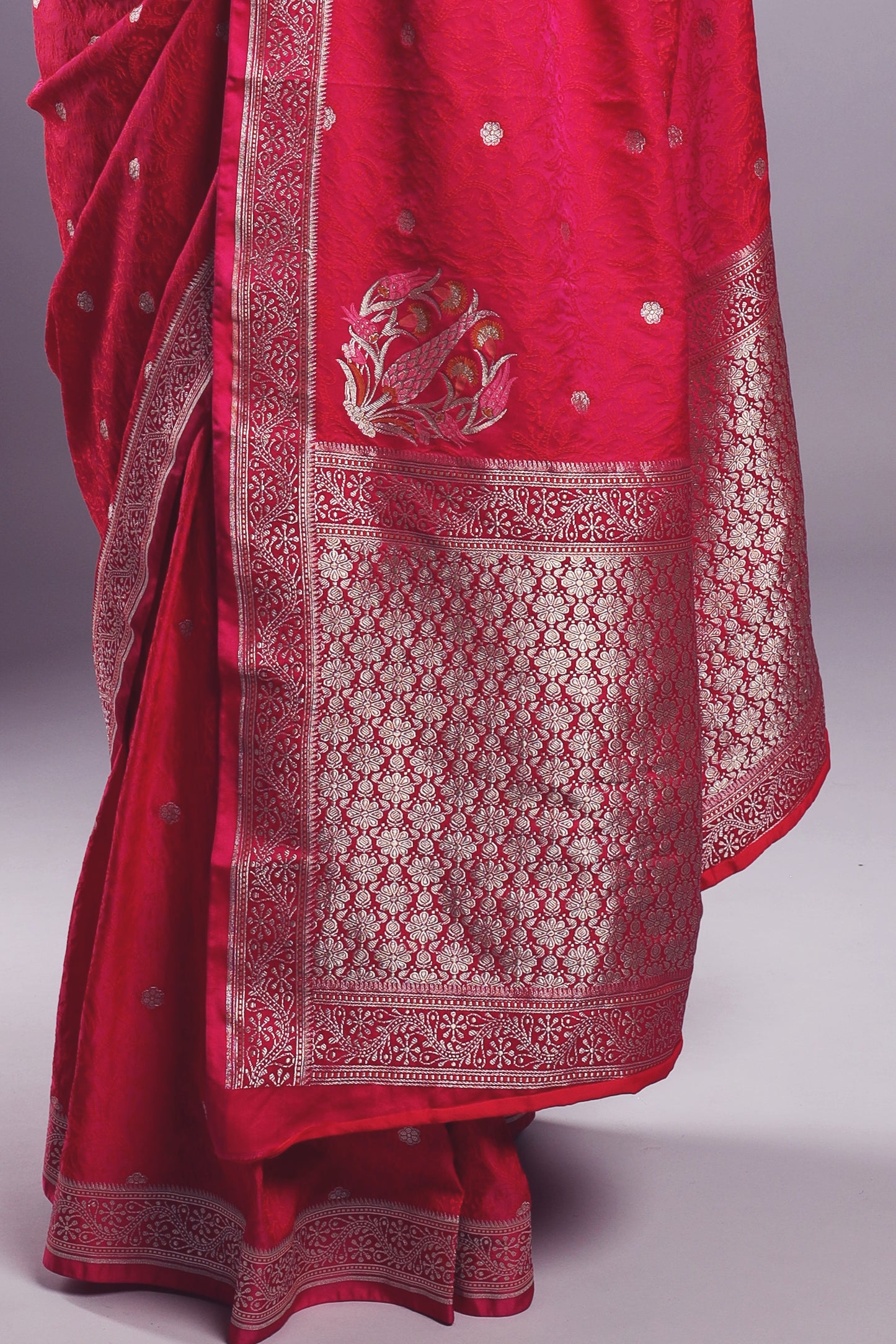 Luxurious Rani Pink Silk Saree with Minakari Konia Work and Rare Silver Pallu