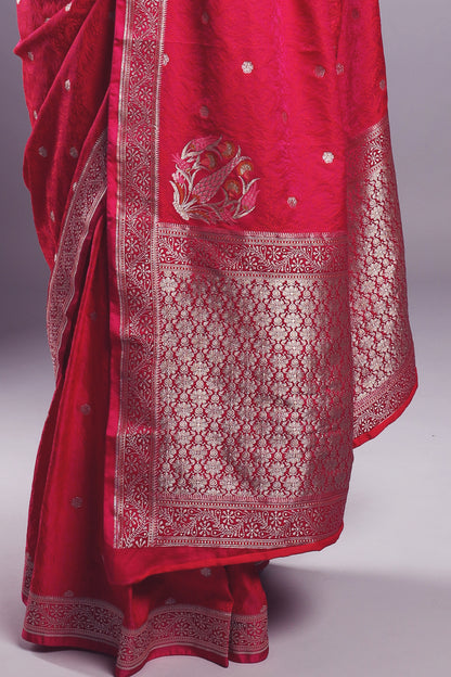 Luxurious Rani Pink Silk Saree with Minakari Konia Work and Rare Silver Pallu