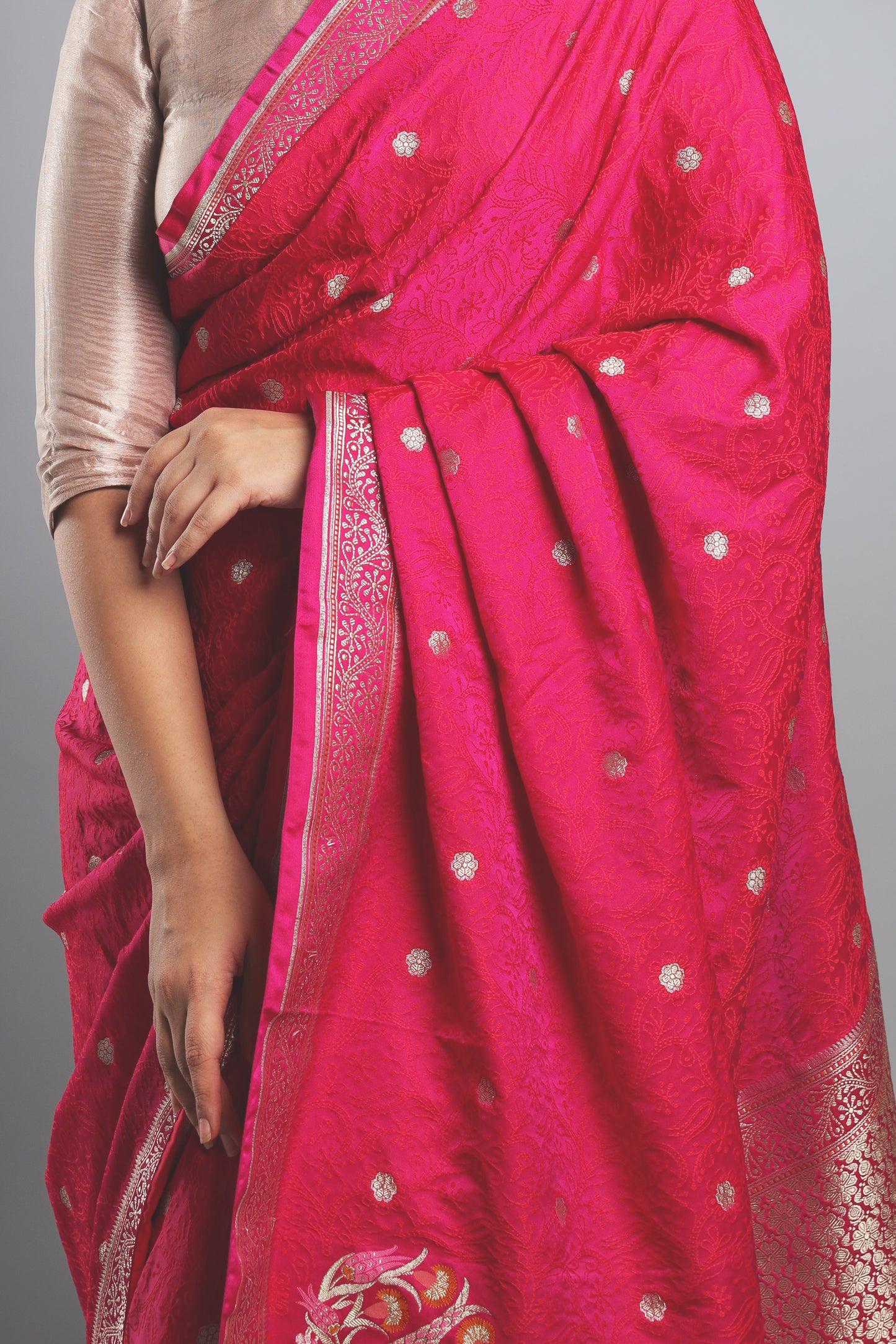 Luxurious Rani Pink Silk Saree with Minakari Konia Work and Rare Silver Pallu