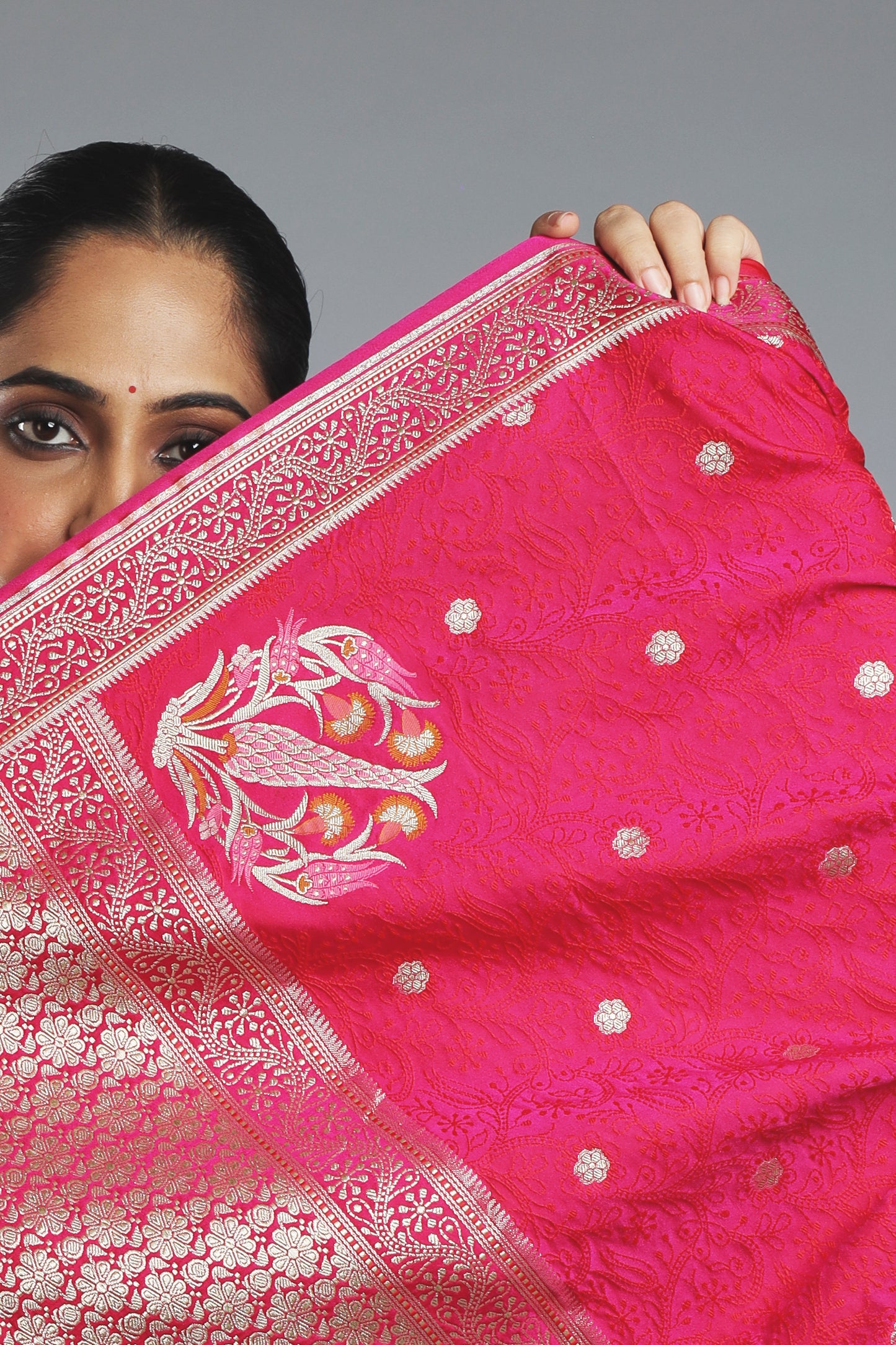 Luxurious Rani Pink Silk Saree with Minakari Konia Work and Rare Silver Pallu